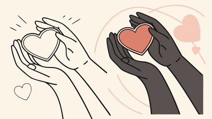 Two Hands Holding a Heart Line Art and Color Illustration Love Care Valentines Day Charity Donation.