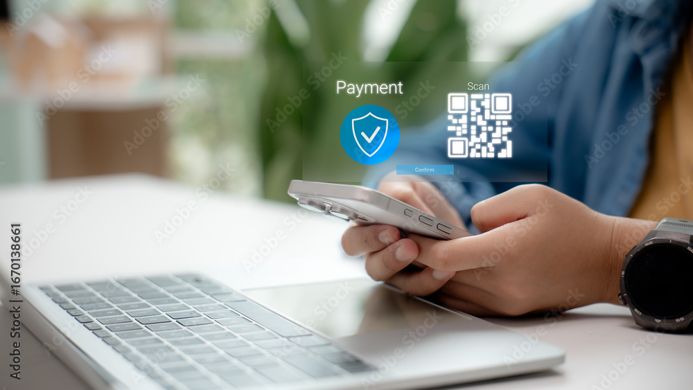 Poster hand holding smartphone scanning qr code for secure digital payment. concept of mobile banking, fint
