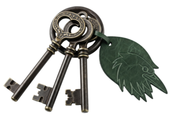 Three antique tarnished bronze keys, rustic iron ring, raven leather tag, isolated on white with dramatic studio light, concept of ancient mysteries and forgotten secrets