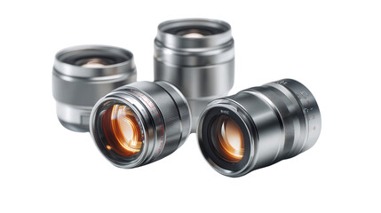 High-Quality Photography Lenses: A flat lay of high-quality photography lenses with sleek metal bodies, isolated on a Transparent background, PNG file.