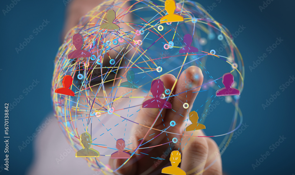 Poster image of a hand interacting with a digital network representing global connections and communication