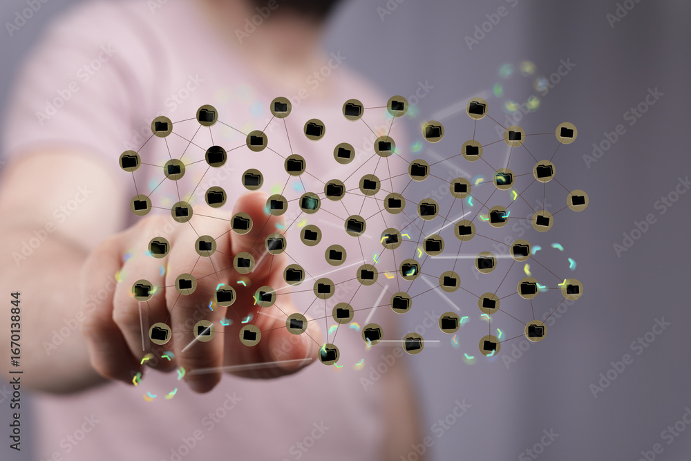 Poster image depicts a person interacting with a visual network of interconnected files, representing data 