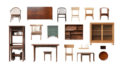 High-Quality Wooden Furniture: A flat lay of high-quality wooden furniture pieces like chairs, tables, and bookshelves, isolated on a Transparent background, PNG file.