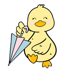 Kawaii Yellow Duck Holding Umbrella Illustration Clipart
