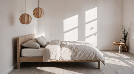 Japandi Bedroom with Low Platform Bed and Paper Lantern