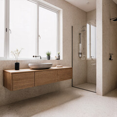 apandi Bathroom with Wooden Vanity and Stone Basin