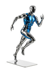 Full-length polished steel, metallic blue, chrome athletic human sculpture mid-stride, isolated on a transparent studio background with copy space, concept of futuristic innovation