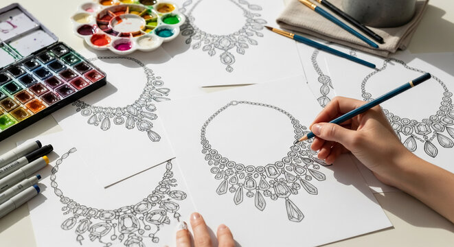 Hand sketching detailed necklace design, surrounded by papers, watercolors, and markers.  Illustrates jewelry design process, showcasing creativity and craftsmanship