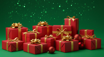 Beautifully wrapped red gifts with golden ribbons and bows, shimmering against a festive green background, symbolizing holiday cheer and joyful celebrations