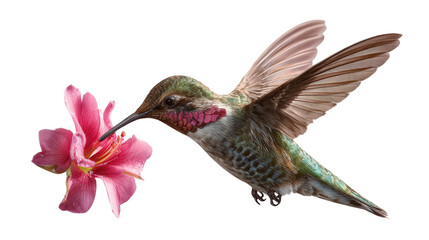 Obraz premium Hummingbird Drinking Nectar: A flat lay of a hummingbird drinking nectar from a flower, isolated on a Transparent background, PNG file.