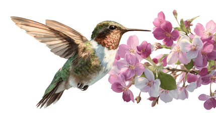 Hummingbird Hovering: A flat lay of a hummingbird hovering over flowers, isolated on a Transparent background, PNG file.