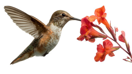 Fototapeta premium Hummingbird in Midair: A hummingbird hovering midair, feeding from a flower, isolated on a Transparent background, PNG file.