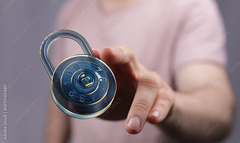 Aufkleber secure your data! image of a hand holding a futuristic digital padlock, representing cybersecurity a