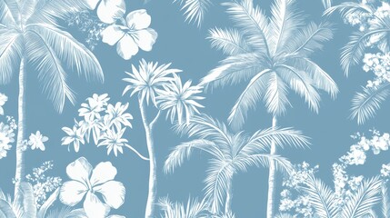 elegant vintage-style tropical pattern featuring stylized palm tree silhouettes, island-inspired botanical elements, and floral accents in a classic monochromatic blue color scheme the intricate