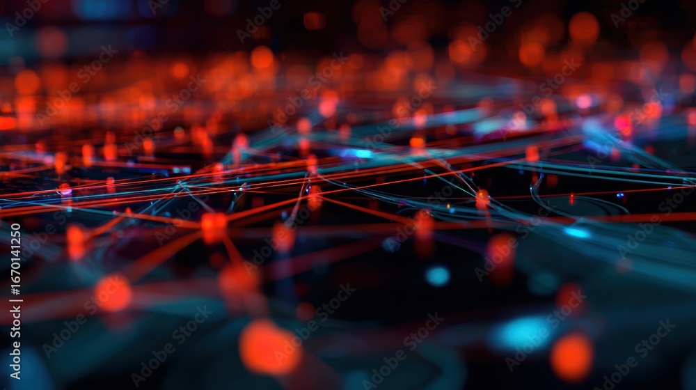 Poster abstract digital network visualization with glowing nodes and interconnected lines against a dark ba