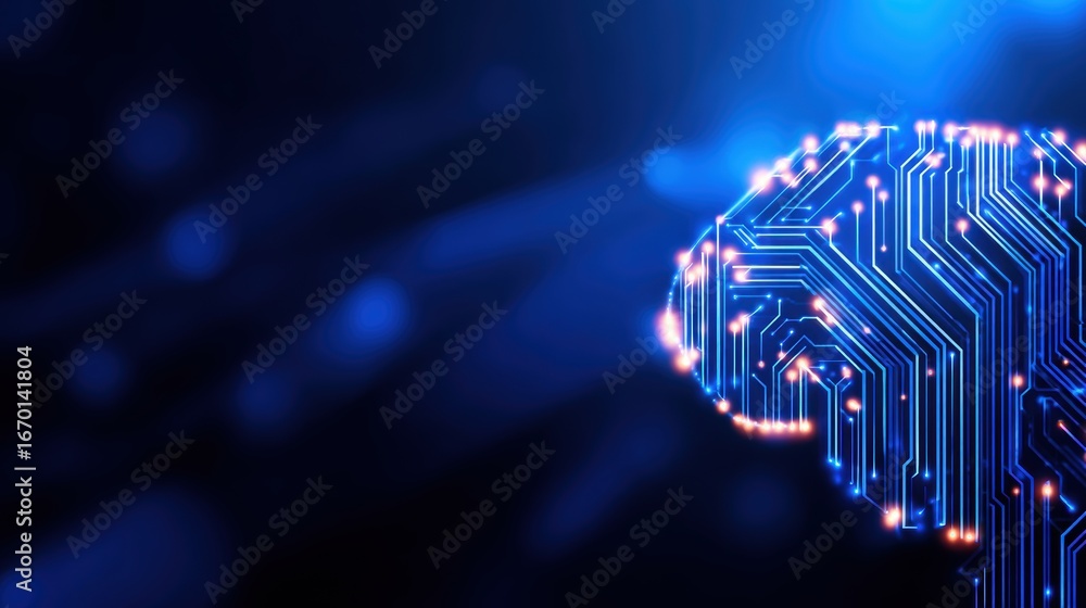 Poster abstract representation of a digital brain with circuits glowing against a dark blue background