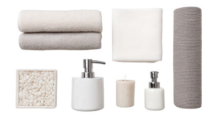 Luxury Bathroom Accessories: A flat lay of luxury bathroom accessories like towels, soap dispensers, and candles, isolated on a Transparent background, PNG file.