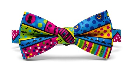 A vibrant bow tie with a colorful, abstract pattern featuring various shapes, dots, and figures.