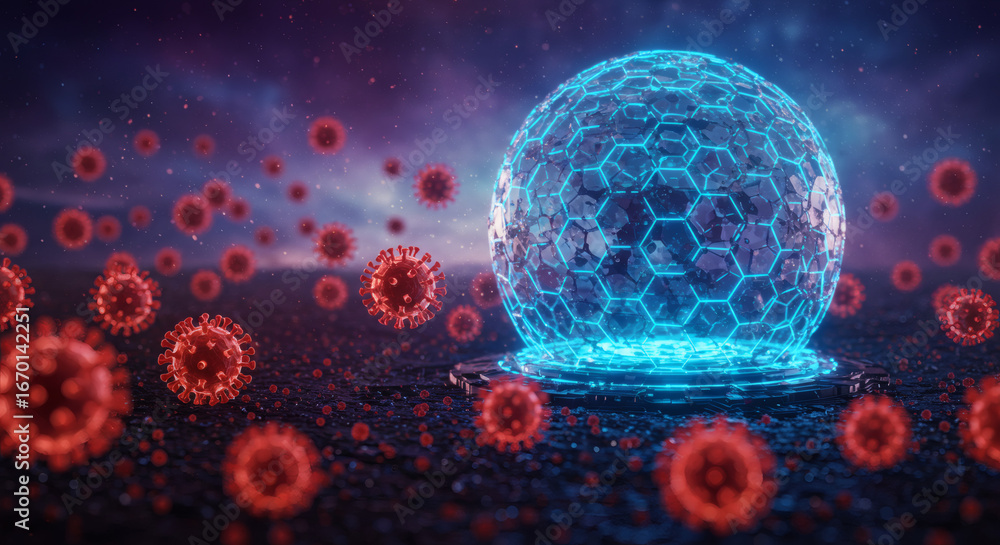 Aufkleber a digital conceptual protective barrier shielding against an onslaught of microscopic virus particle