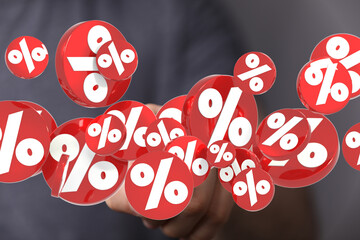 3D rendering of red percentage symbols floating around a hand, ideal for discount, sale, and...