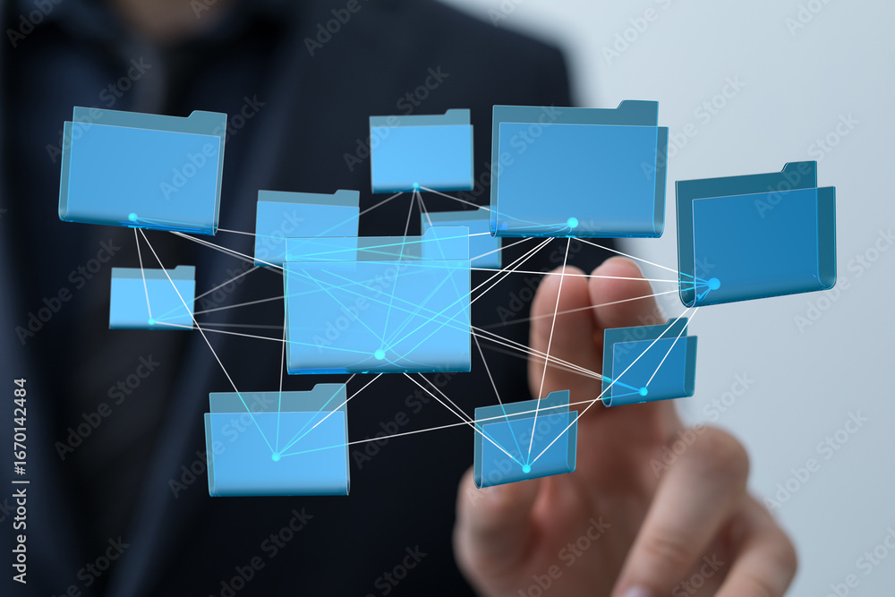 Poster visual representation of a secure data network with interconnected files. ideal for it, business, an