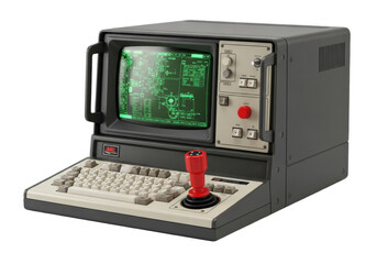 Vintage portable computer, charcoal grey casing, green monochrome screen with schematics, beige keyboard, red joystick, isolated on white. Concept of industrial heritage and technology