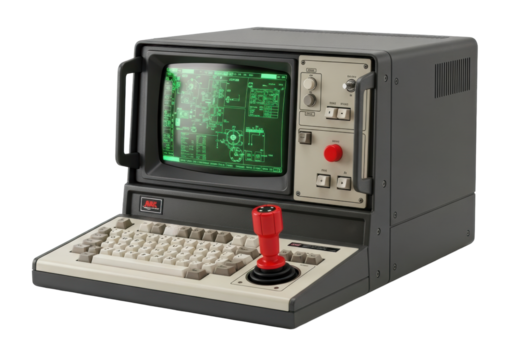 Vintage portable computer, charcoal grey casing, green monochrome screen with schematics, beige keyboard, red joystick, isolated on white. Concept of industrial heritage and technology