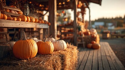 A cozy farm stand with golden pumpkins and hay bales, warm sunset tones, soft vintage lighting