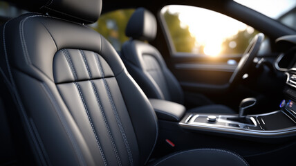 Interior car detail focusing on leather-stitched steering wheel and refined seat contours under soft natural lighting, polished dashboard and controls showcasing driving experience, comfort, and luxur