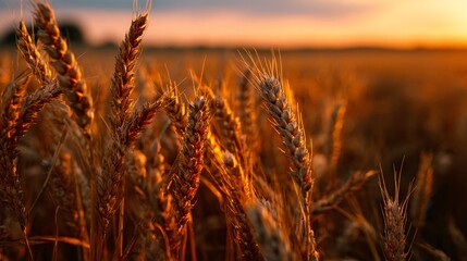 A glowing cornfield during dusk, ears of corn lit by sunset, dramatic horizon, cinematic depth