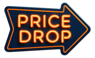 Neon arrow sticker with PRICE DROP offer in bright lettering, attention-grabbing retail promo announcement on transparent background.