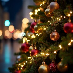 A close-up of a beautifully decorated Christmas tree with twinkling fairy lights, ornaments, and a golden star on top, soft bokeh effect in the background creating a dreamy holiday atmosphere.