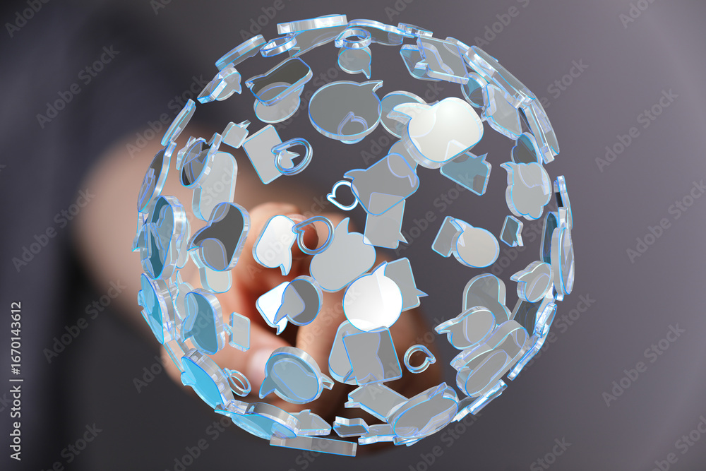 Poster abstract image of a sphere with speech bubbles, symbolizing global communication and connection.