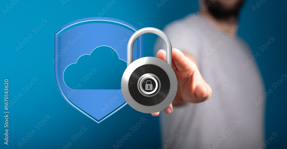 Fototapete image of a padlock and shield symbolizing secure cloud data. perfect for cybersecurity concepts.