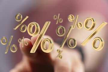 3D render of gold percentage symbols. Ideal for finance, banking, and sales.