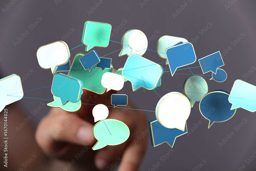 Poster abstract image of interconnected speech bubbles, symbolizing global communication and networking.