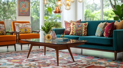 Mid century modern cocktail table with wooden legs and a glass top set in a retro inspired living room with vibrant cushions a colorful rug and vintage lighting fixtures
