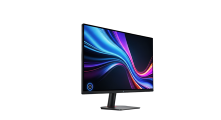 Ultra-thin, sleek black oled computer monitor with glowing power icon, displaying vibrant swirling blue, purple, pink abstract light, isolated on transparent studio. Concept of advanced technology