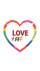 Heart graphic with rainbow border, word "LOVE" inside