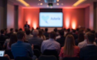Blurred soft of seminar room for background filled with people attending a speech about business. High quality