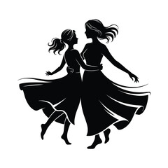 Silhouettes of a mother and daughter dancing joyfully together in flowing dresses
