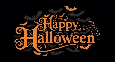 Happy Halloween Typography – Orange Script with Bat Silhouettes on Black