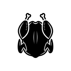 Black and white roasted whole chicken icon isolated on white background, simple vector illustration of poultry meat, grilled or baked chicken symbol, flat pictogram for restaurant, menu, app
