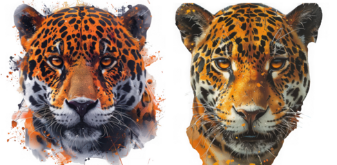Closeup artistic watercolor portraits of two jaguar heads with vibrant orange and black spots isolated on transparent background