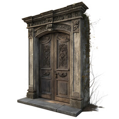 Obraz premium An ancient, weathered stone doorway with ornate carvings and a weathered wooden door, isolated on a transparent background