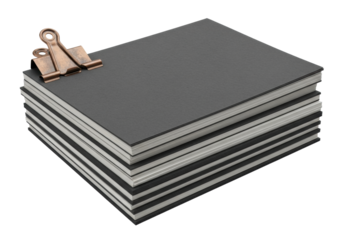 Thick stack of charcoal and off-white archival paper with textured top and copy space, secured by tarnished copper clip on white, sharp studio light, concept of important archival documents