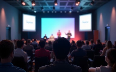 Abstract blurred photo of conference hall or seminar room in Exhibition Center with speakers on the stage and attendee background, seminar and study concept. High quality