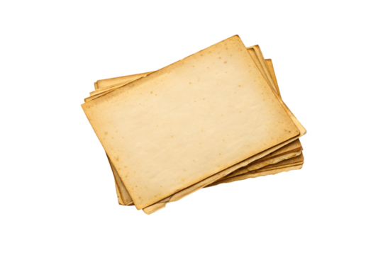 Old weathered paper sheets with aged brown patina and worn edges stacked in neat pile, isolated on a transparent background