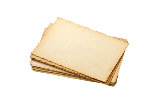 Vintage aged paper sheets with decorative scalloped edges stacked together showing weathered antique document appearance, isolated on a transparent background