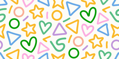 Playful geometric shapes seamless pattern with hearts stars circles and triangles in pastel colors